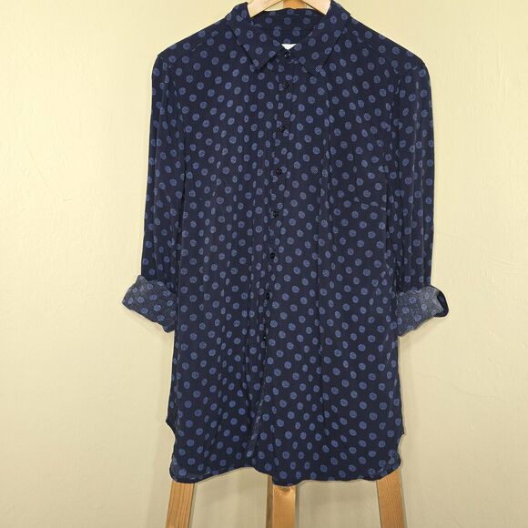 Talbots Button Up Blouse in Blue with Polka Dots Size Large - Picture 1 of 3
